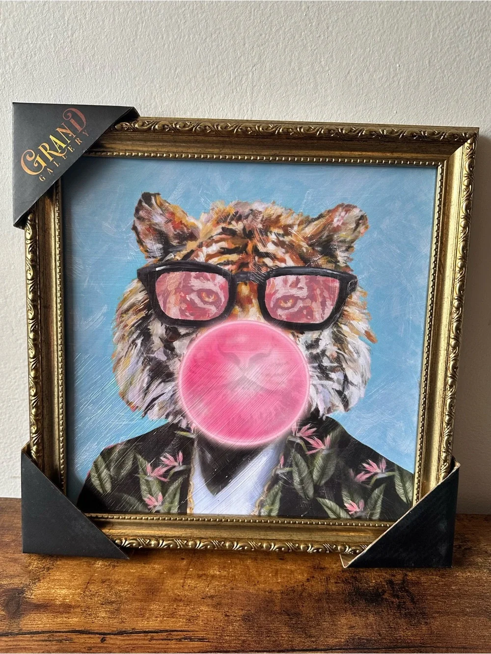 Framed Tiger Portrait with Pink Bubble Gum and Blue Background 13x13 Inches NWT